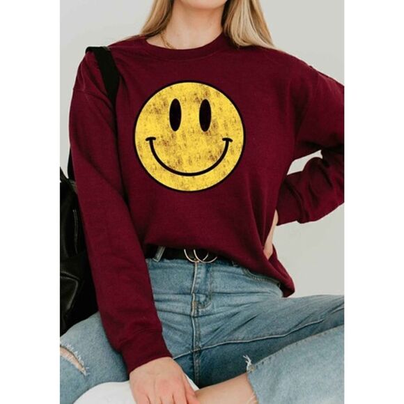 Burgundy Happy Face Sweatshirt - Picture 1 of 4